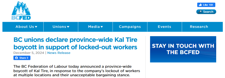 BC unions declare province-wide Kal Tire boycott in support of locked-out workers